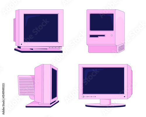 Pink vintage computers and CRT monitors 2D cartoon objects set. Old technology. Outdated devices. 80s 90s tech nostalgia isolated elements flat vector clip arts on white. Spot illustrations collection