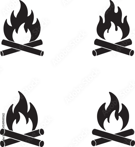 Four campfire icons set on white background