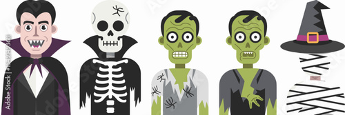 Halloween costume icon set with vampire, skeleton, zombie, mummy, and witch hat – Suitable for Halloween branding, game assets, or educational visuals