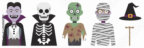 Icon set of Halloween costumes with vampire, skeleton, zombie, mummy, and witch hat – Great for character design, themed stickers, or spooky apps