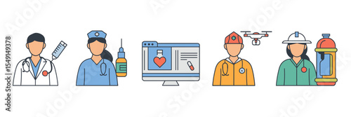Flat vector icons of digital health professionals and services – Suitable for healthcare apps, emergency service visuals, or modern telehealth dashboards