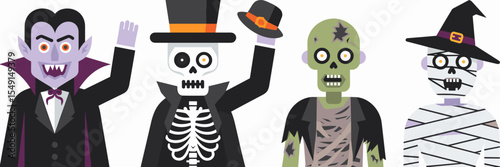 Halloween costume icons with vampire, skeleton, zombie, mummy, and witch hat – Perfect for costume catalogs, party invites, or kids’ educational media