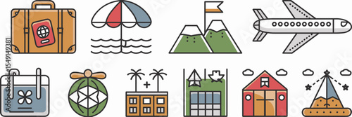 Holiday icon sheet with suitcase, beach, mountain, and plane – Great for travel websites, vacation planning apps, or tourism brochures