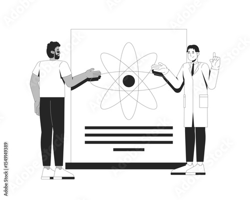 Asian male scientist explaining to black man attendee atom poster 2D line characters. Scientific presentation with atomic structure isolated vector ink outline people. Monochromatic spot illustration