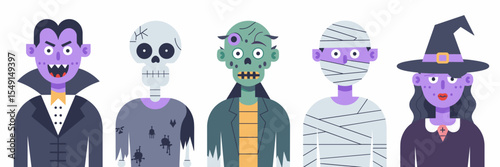 Halloween costume illustration with vampire, skeleton, zombie, mummy, and witch – Perfect for October designs, spooky branding, or trick-or-treat content