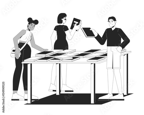 Diverse bookstore visitors browsing books on display table 2D line characters. Bookshop students selecting novels on bookfair isolated vector ink outline people. Monochromatic spot illustration