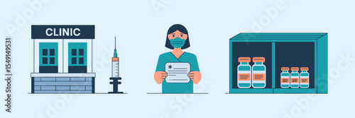 Vaccine-themed vector illustration with clinic, healthcare worker, and cold storage – Perfect for immunization awareness, healthcare infographics, or science presentations.