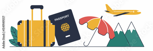 Flat holiday icon set with suitcase, passport, mountain, and plane – Perfect for global travel branding, airline materials, or vacation promotions