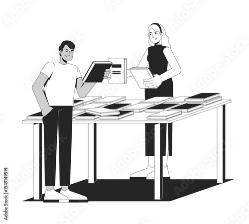 Diverse male and female bookfair attendees selecting books 2D line characters. Student browsing books, woman suggesting novels isolated vector ink outline people. Monochromatic spot illustration