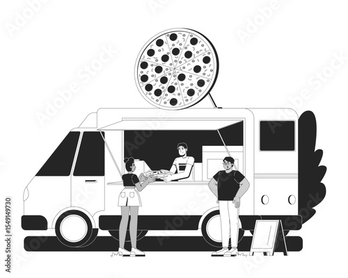 Pizza food truck with customers 2D line characters. Female customer receiving pepperoni slice from mobile pizzeria vendor isolated vector ink outline people. Monochromatic spot illustration