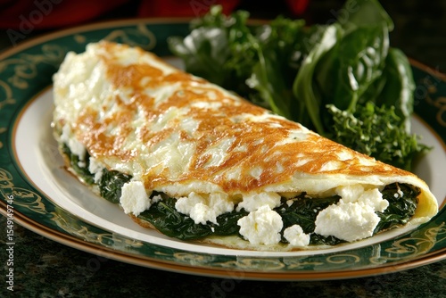 Delicious spinach and cheese omelette served with fresh greens