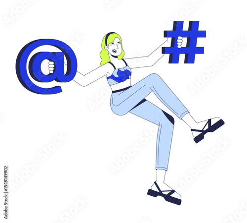 Happy learning programming 2D illustration concept. IT school course. Coder girl. Social media. Woman holding at sign and hashtag cartoon character isolated on white. Flat abstract vector metaphor