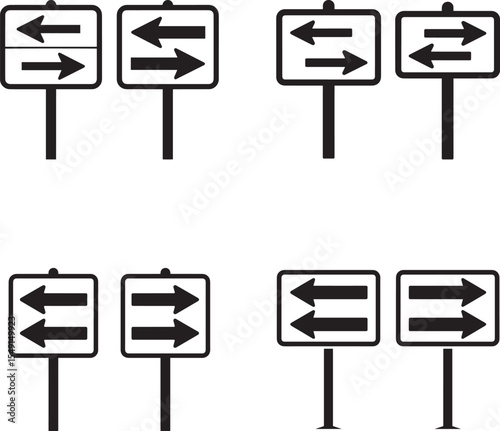 Simple black and white vector illustration of road signs with directional arrows.
