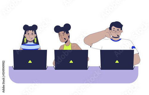 Writing code practice 2D vector illustration. Coding bootcamp. IT school course. Hackathon. Diverse students working on laptops flat characters isolated on white background. Colorful cartoon image