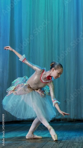Ballet rehearsal, on the stage of the old theater hall. Young ballerinas in elegant dresses and pointe shoes, dance elegantly certain ballet motions, pass, scenic bow.