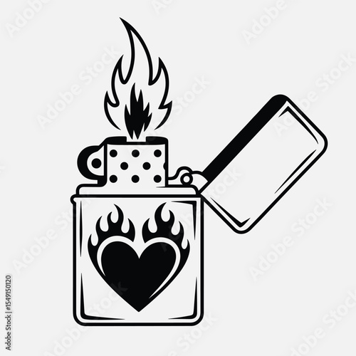 Vintage Lighter with Open Lid and Flame
