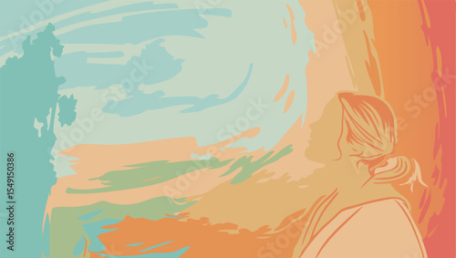 Woman Silhouette Pastel Abstract Background Orange Peach Green Blue profile