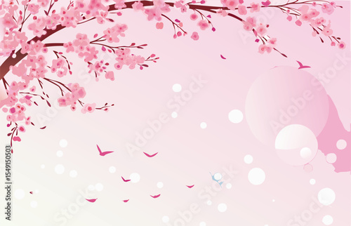 Pink Cherry Blossom Branch Soft Pastel Background Delicate Floral Design Springtime Nature Scene