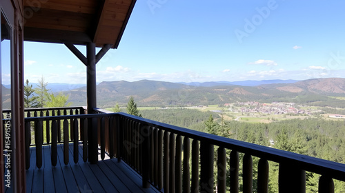 Wooden walkout deck with beautiful landscape view.