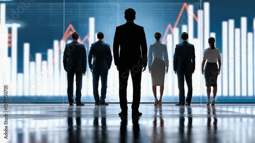 Leadership in the Arena: A silhouette of a confident leader stands at the forefront, surveying a landscape of charts, graphs, and ambitious colleagues.