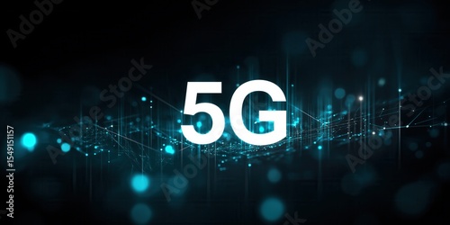 5G network digital hologram. High-speed mobile and internet on city background.