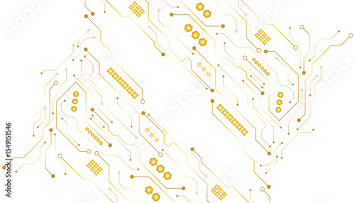 A golden background with golden circuit board lines, golden dots and yellow chips