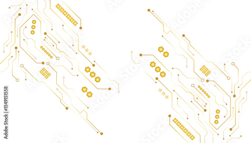 A golden background with golden circuit board lines, golden dots and yellow chips