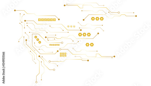 A golden background with golden circuit board lines, golden dots and yellow chips