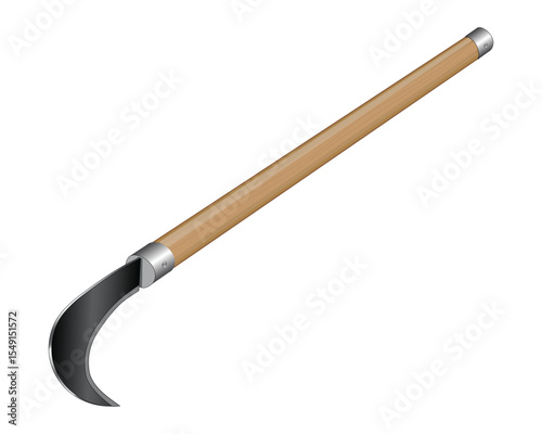 vector design of a sharp tool usually called a grass sickle with a long wooden handle which is useful for cutting grass or plants