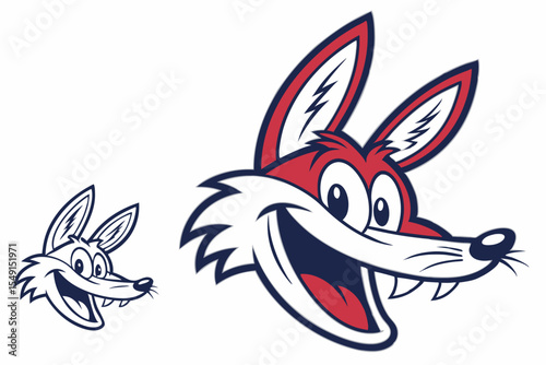 Cartoon fox head displays happiness and a confident expression in red, white, and navy blue