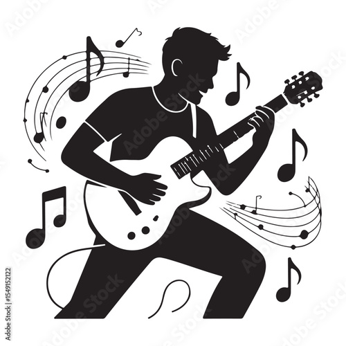 Modern Guitarist with Music Notes Silhouette Vector Artistic Rock Style