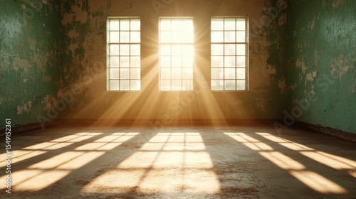 An aesthetically pleasing abandoned room with sunlight streaming through dusty windows casts beautiful shadows  highlighting the contrast between decay and light.