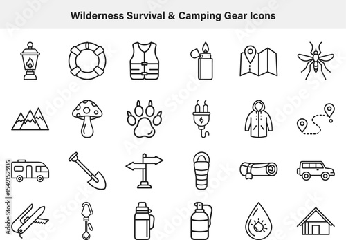 Wilderness Survival Camping Gear Icons Set Lantern, Life Vest, Map, and More Outline Icons