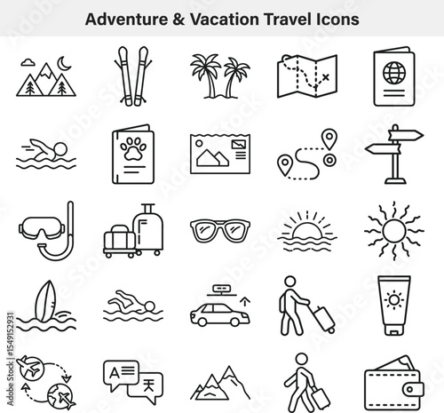 Adventure and Vacation Travel Icons Set Mountains, Swimming, Passport, Map, Palm Trees, Skiing, Luggage, and Sun