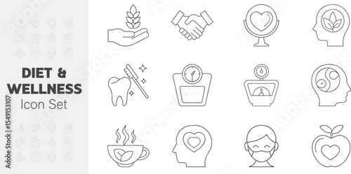 Diet and Wellness Icon Set Line Art Illustration of Health and Wellbeing Symbols