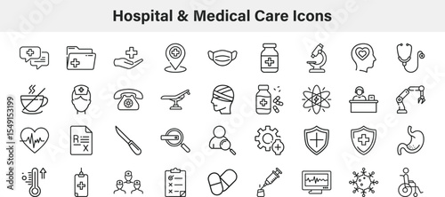 Line Art Hospital and Medical Care Icons Stethoscope, Microscope, Medication, First Aid, and More Symbols