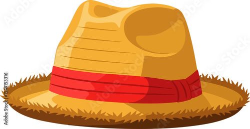 Flat Style Golden Yellow Straw Hat with Red Ribbon, Creased Crown, Upturned Brim, and Frayed Edges on White Background