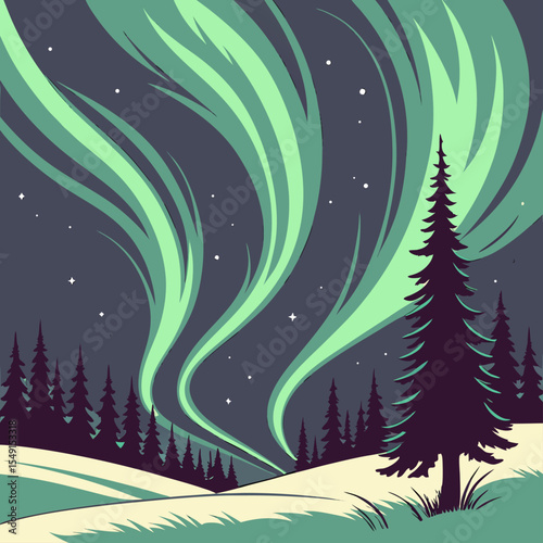 Northern Lights Illustration – Aurora Borealis Over Pine Forest Night Sky