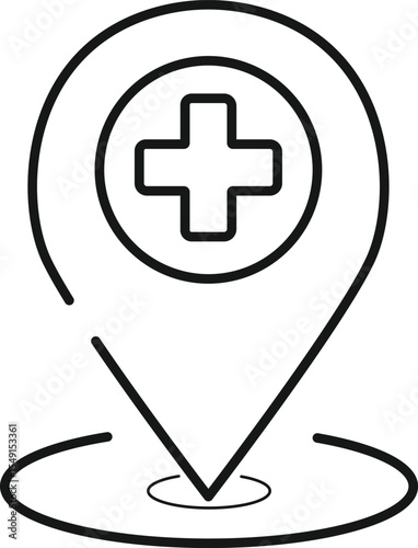 Outlined Hospital Location Pin Icon with Medical Cross on White Background,
