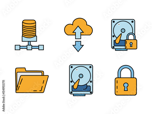 A set of colorful icons depicting data management: database, cloud upload/download, secured hard drive, folder, and padlock. Perfect for IT, data security, and cloud computing themes.