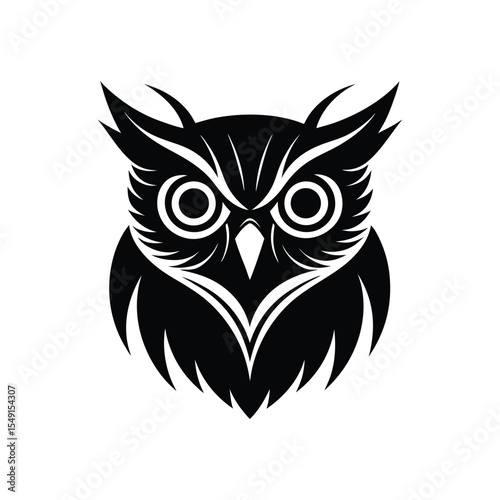 A black silhouette art of an owl head with wide eyes.eps