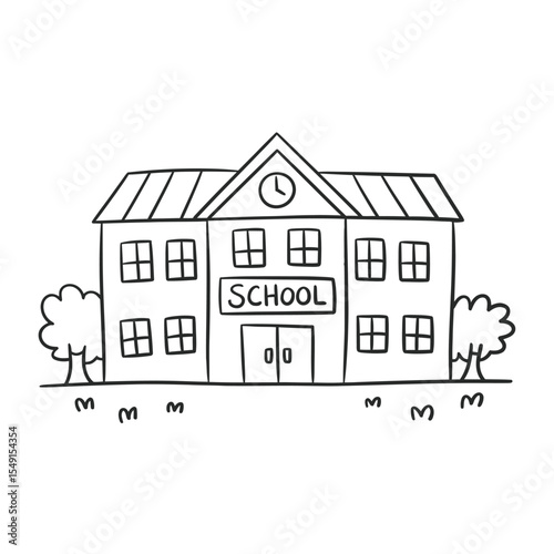 Simple School Building Line Drawing Illustration