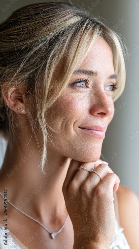 Obraz premium Emotional bride portrait close-up with serene expression and elegant jewelry