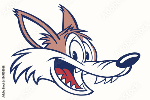 Cartoonish wily coyote head is cheerfully smiling, revealing its red tongue and sharp teeth