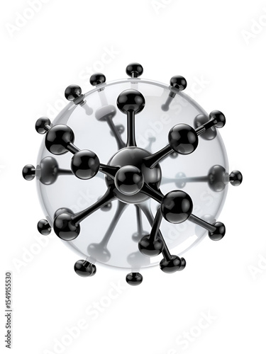 Futuristic 3d of spherical molecular black clear structure representing biotechnology. Isolated on cut out PNG or transparent background. Scientific technology innovation and advanced nanotechnology.