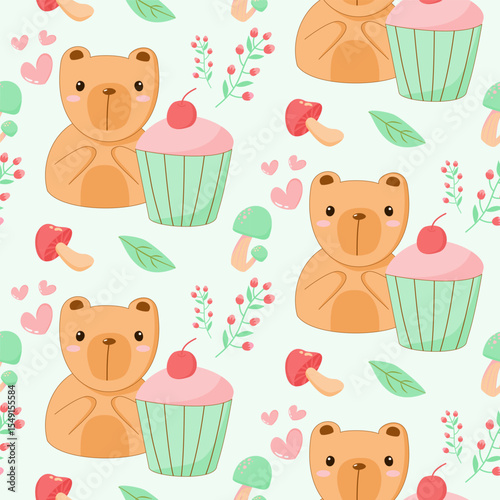 An adorable cartoon bears seamless pattern, sweet, playful, pastel colors, cupcakes, and whimsical forest elements like mushrooms, heart, leaves and wild flowers. For textiles, print, background, art.