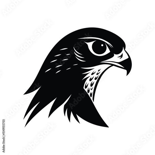 A black silhouette art of a kestrel head with an intense stare.eps