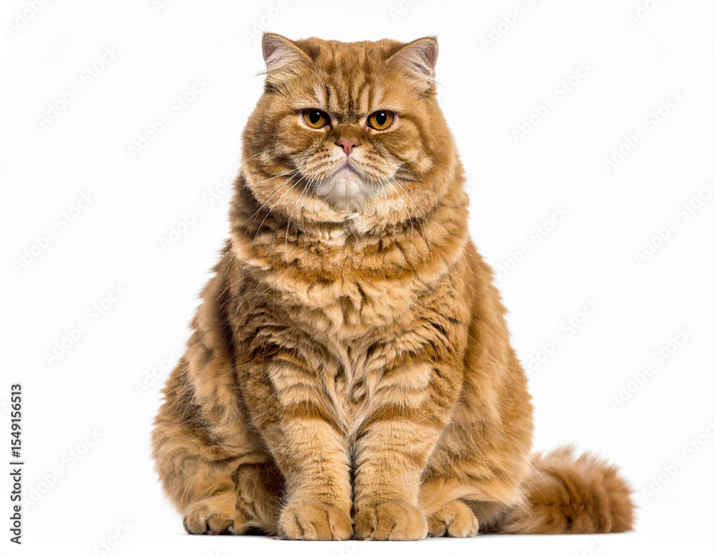 Fototapeta premium A fluffy, orange Persian cat sits and stares directly at the viewer.