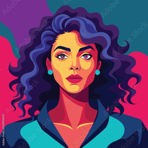 Bold Woman Portrait: Vibrant Pop Art Style, Confident and Strong Expression,  Purple and Teal Color Palette.