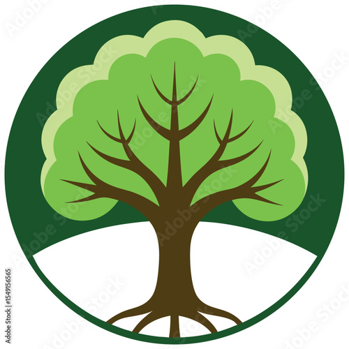 Stylized Green Tree Icon: Circular Design, Eco-Friendly, Growth Symbol, Nature Illustration, Vector Graphic